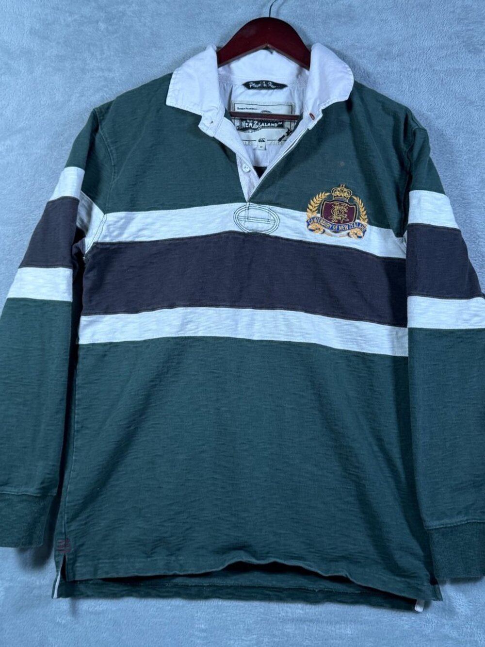 Canterbury of New Zealand Rugby Shirt Mens M Green Striped Long Sleeve Polo 15